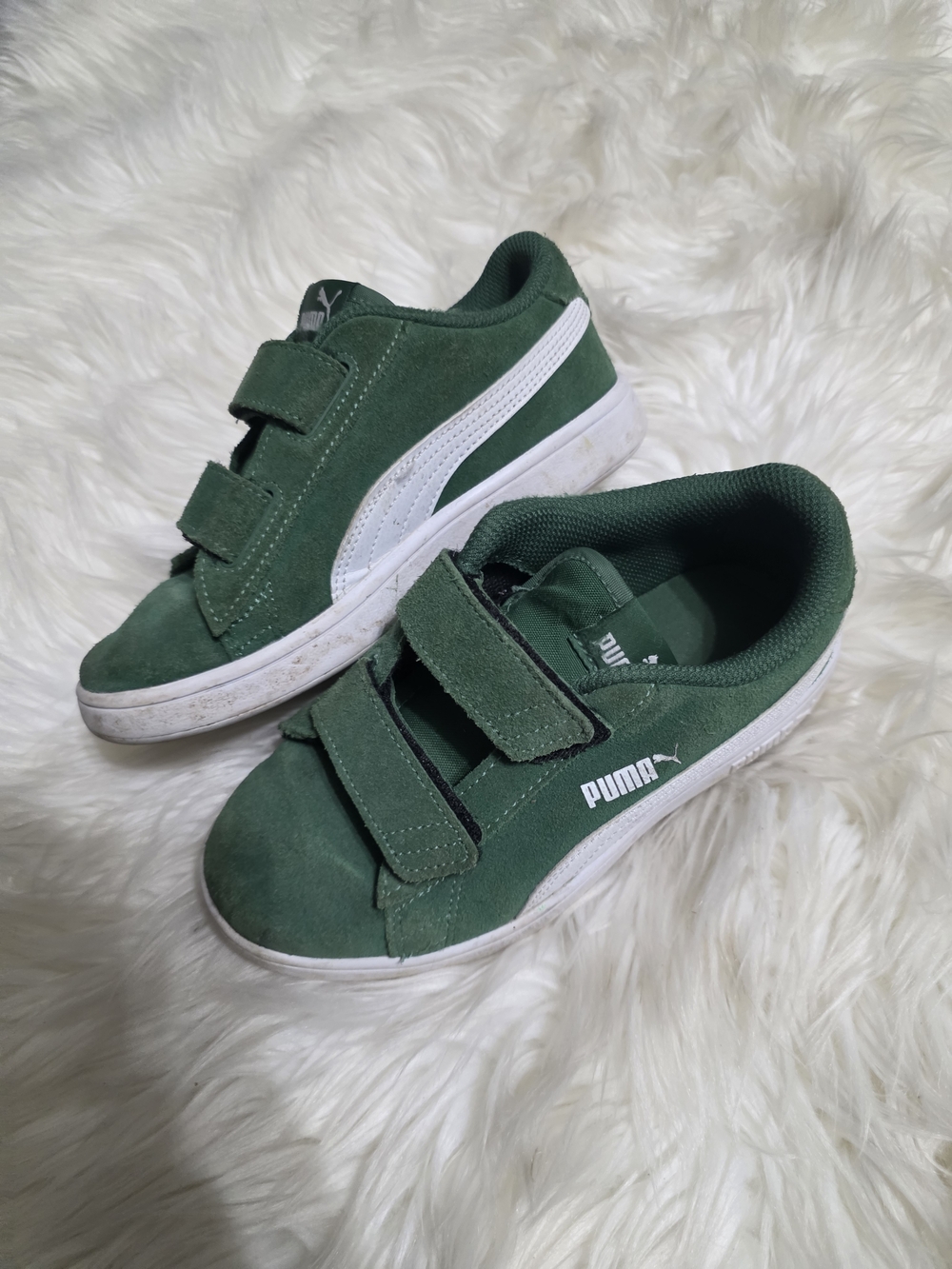 Puma Kids Green Suede Velcro Sneakers with White Stripe